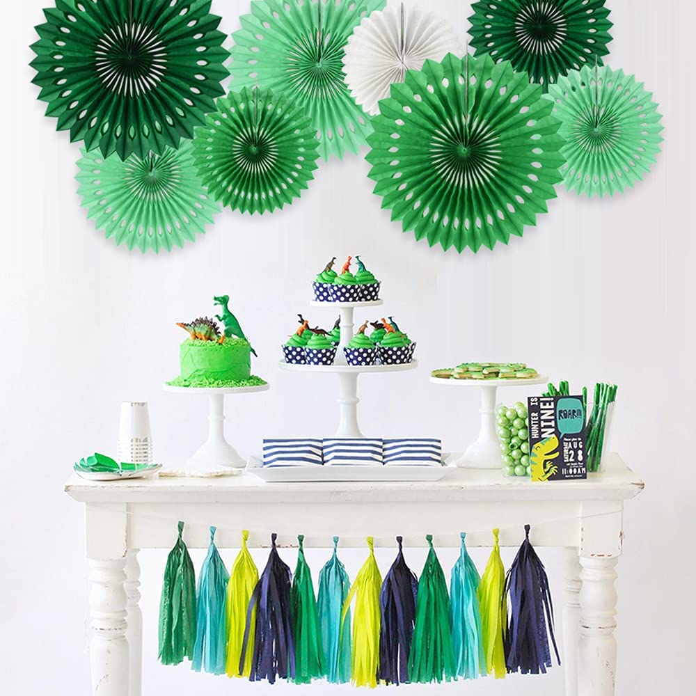 Beishida Green White Party Decoration Hanging Honeycomb Round Paper Fans Kit For Dinosaur Theme Birthday Baby Shower Summer Fore
