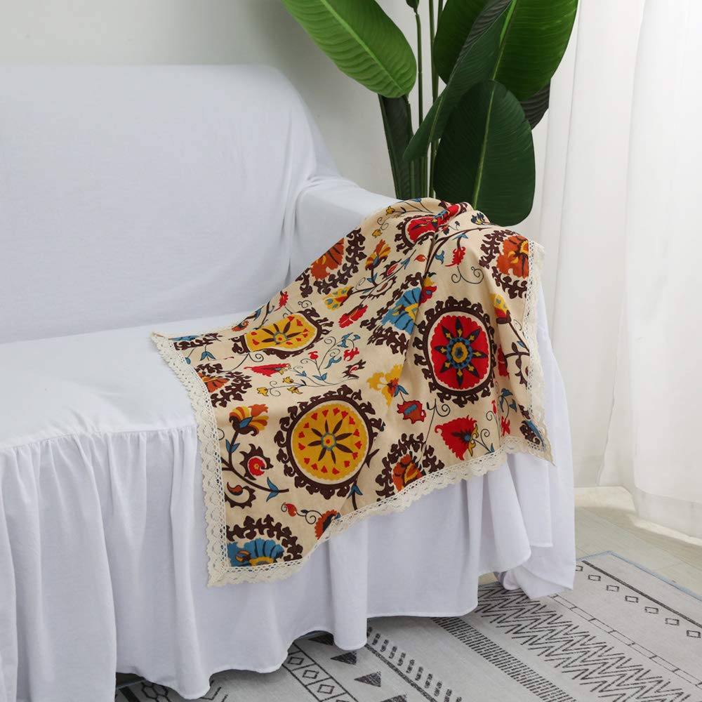 Aothpher Modern Boho Floral Jacquard Washable Tablecloths With Lace For Dining Table, 35X35 Inches