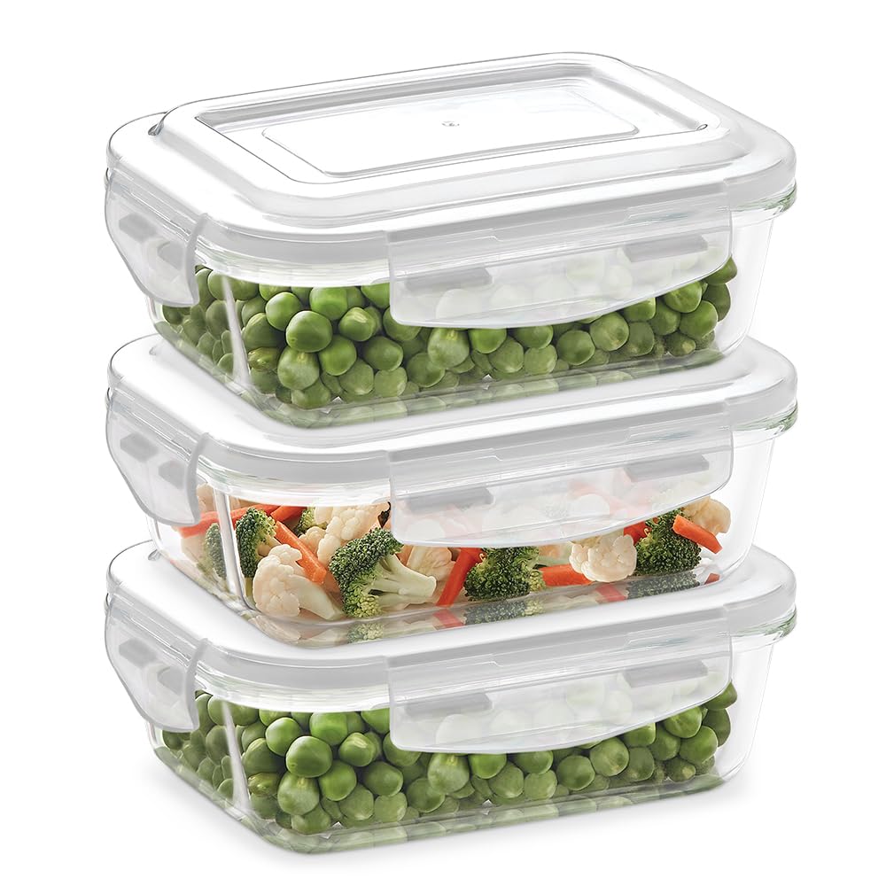 Borosil Klip N Store (370Ml X 3) Rectangle Glass Food Storage Container Set With Air Tight Lid | Borosilicate Glass Container Fo