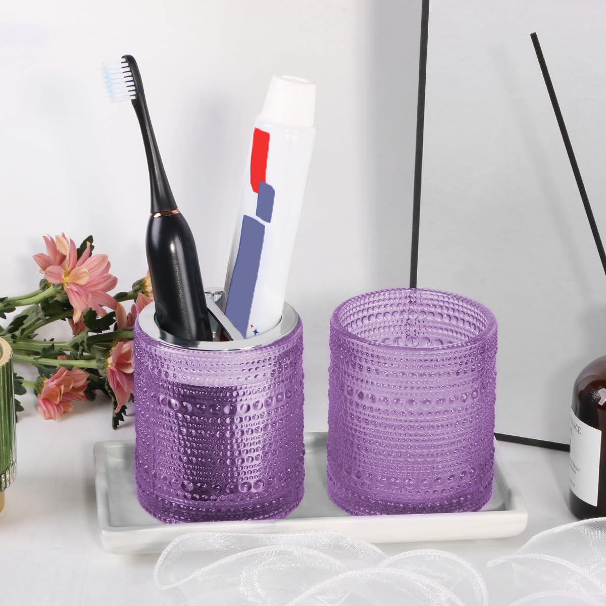 Tonxus Purple Toothbrush Holders for Bathrooms, Glass Toothbrush Holder with 2 Slot Divider, 10oz Bathroom Tumbler and Mouthwash