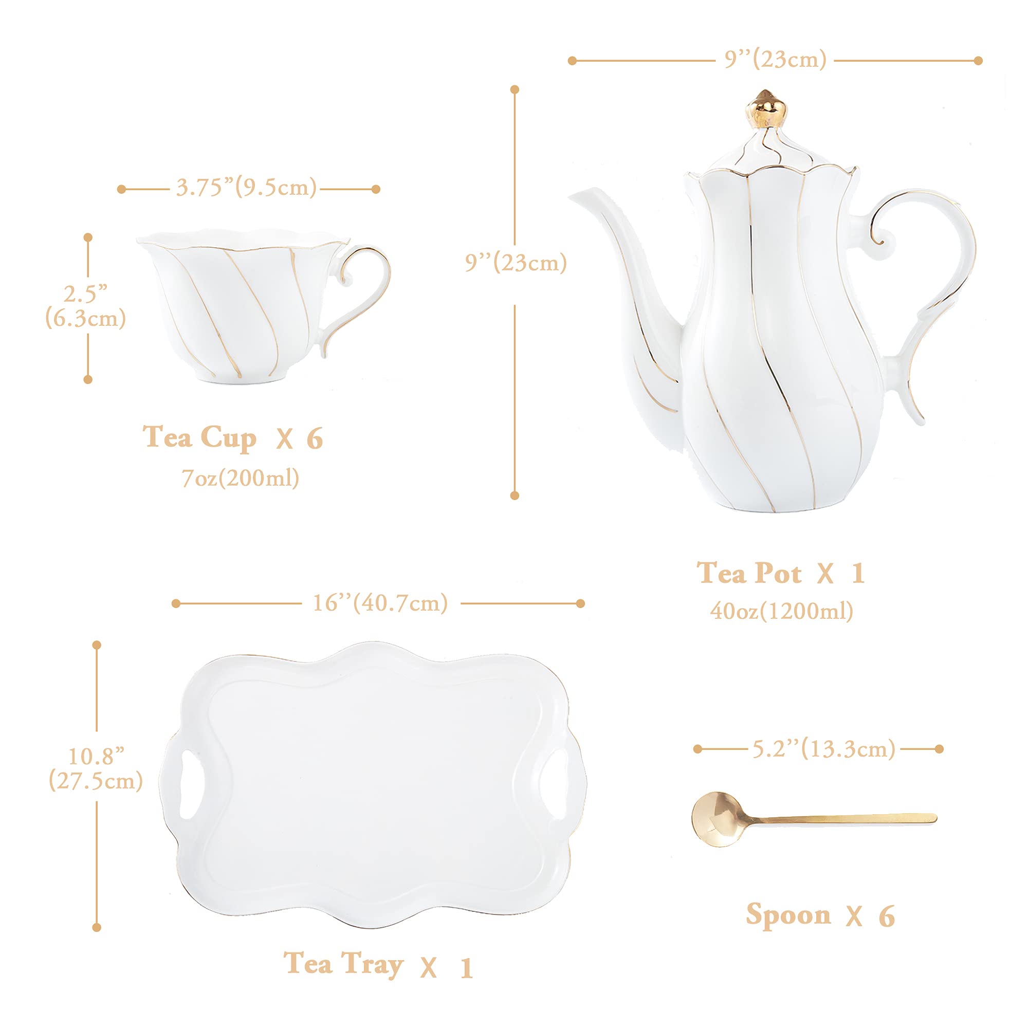 Dujust 14 Pcs Tea Set For 6 With Tea Tray & Spoons, Luxury British Style Tea/Coffee Cup Set With Golden Trim, Beautiful Porcelai