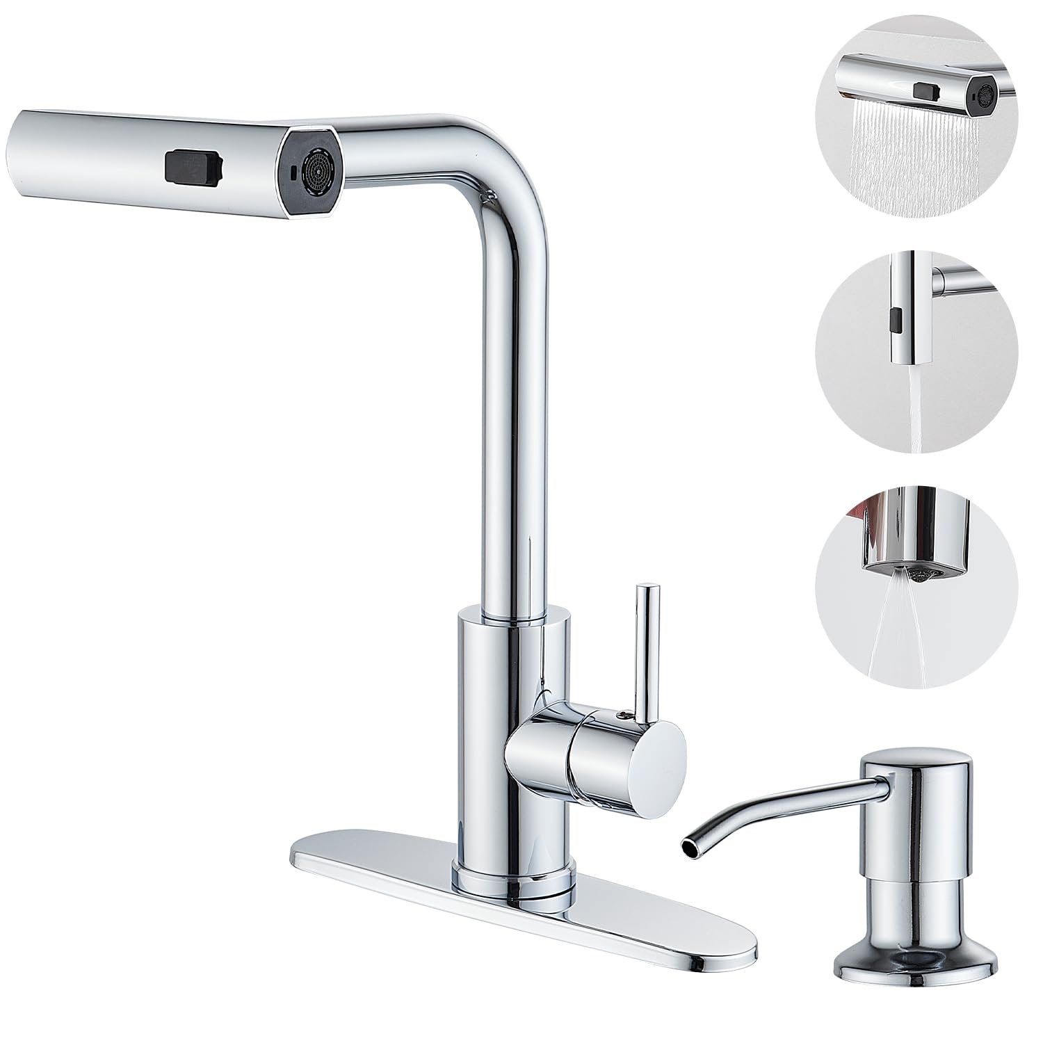 Zoriou Kicthen Faucets With Pull Down Sprayer, Chrome Waterfall Kitchen Sink Faucet With Soap Dispenser, Single Hole Stainless S