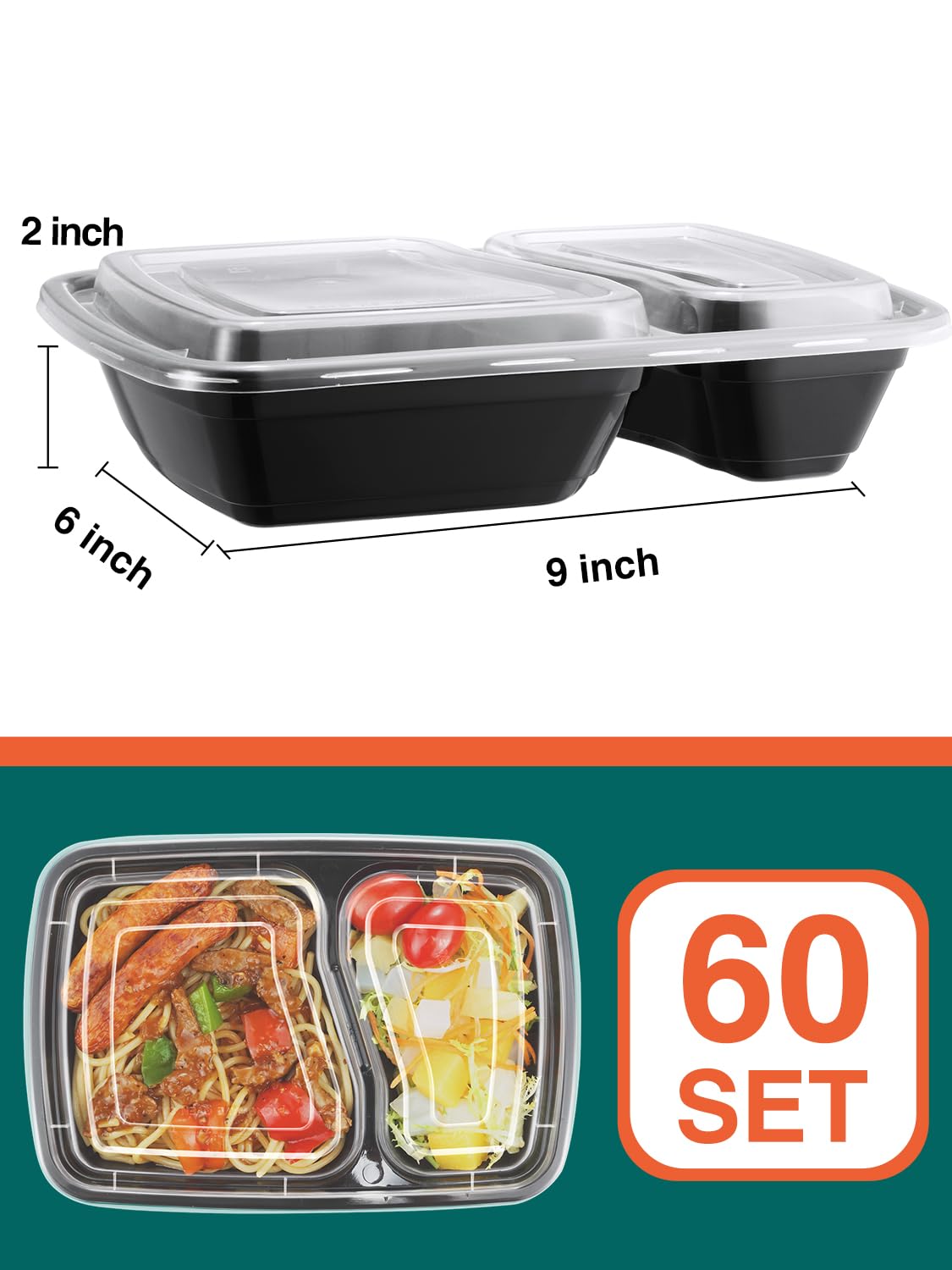 Neebake 60 Sets 32Oz Meal Prep Containers 2 Compartment - Plastic Food Storage Containers 2 Compartments With Lids