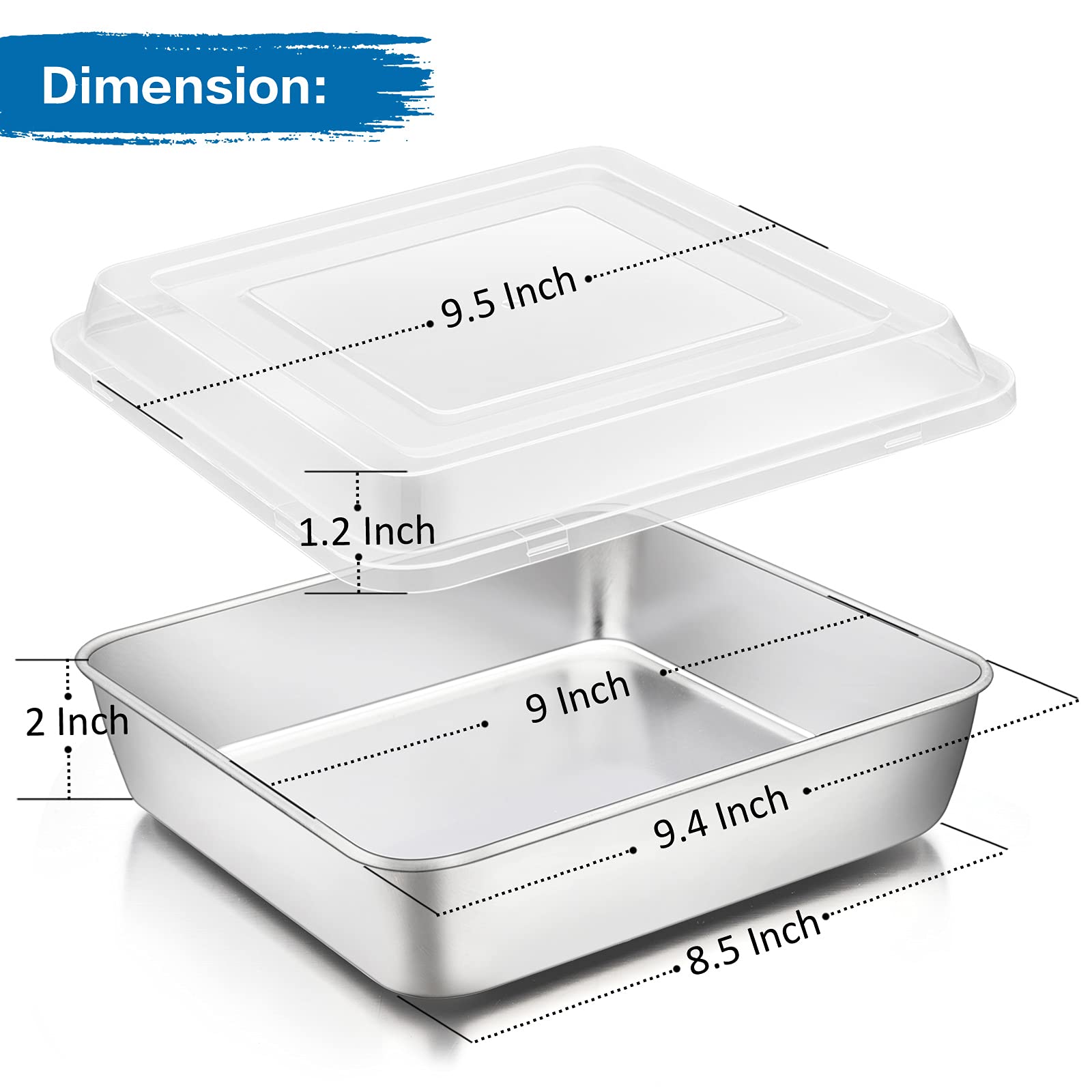 P&P Chef 9.5 Inch Square Baking Pan With Lid, Stainless Steel Cake Pan For Roasting Lasagna Brownie Casserole Bread, A Plastic R