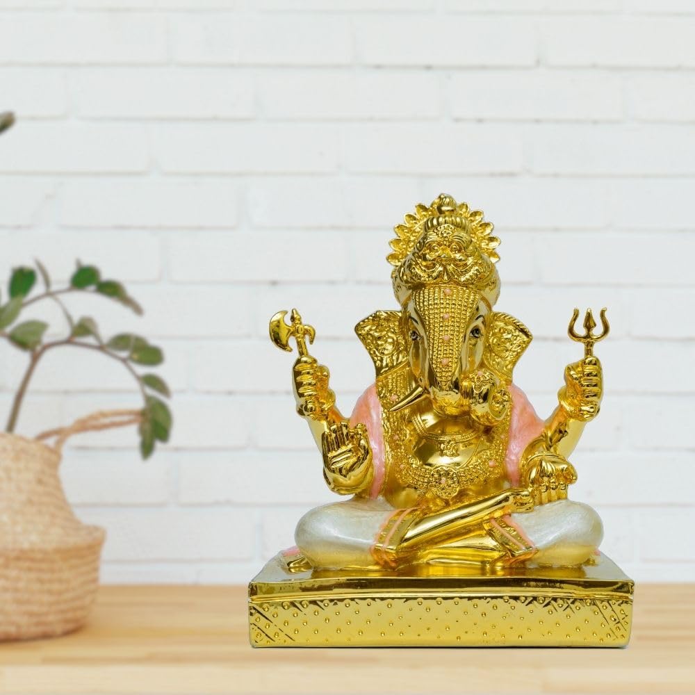 Aarya24Kt Dagdushet Pearl White Ganesha Gold-Plated Ganesh Ganpati Idol Statue For Home Decor, Office Desk & Pooja Room | Large