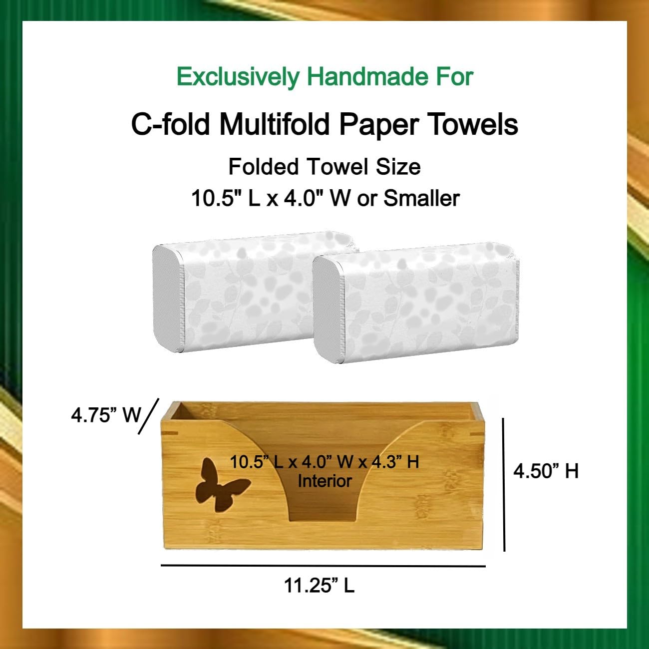 Countertop Paper Towel Dispenser With Engraved Butterfly In Natural Bamboo - Compatible With C Fold, Multifold, Trifold & Z Fold