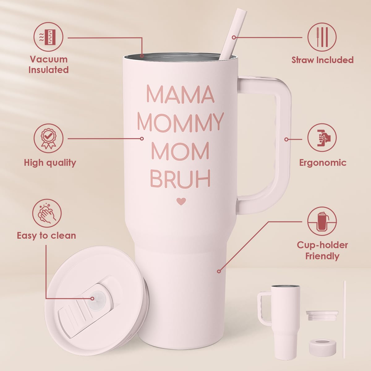 Gift for Mom - Mama Mommy Mom Bruh Stainless Steel Tumbler with Handle, Travel Coffee Mug for Moms - Gifts for Birthday Christma