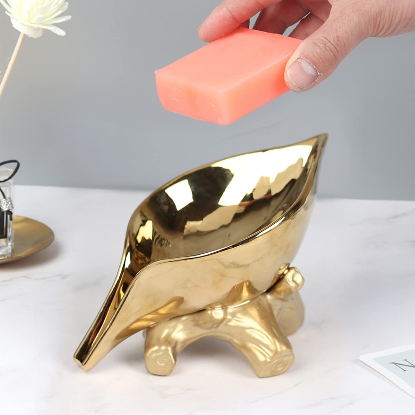 Leaf Soap Dish for Shower Ceramic Soap Holder with Stump Bathroom Ring Dish Holder for Jewelry Engagament Wedding Birthday Gifts Gold