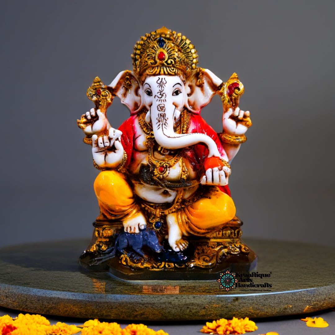 Kraaftique Ganpati Religious Statue Idol Ganesh Murti Home Decor For Puja Marble Dust Lord Ganesha 7 Inch Statue For Home Decor 