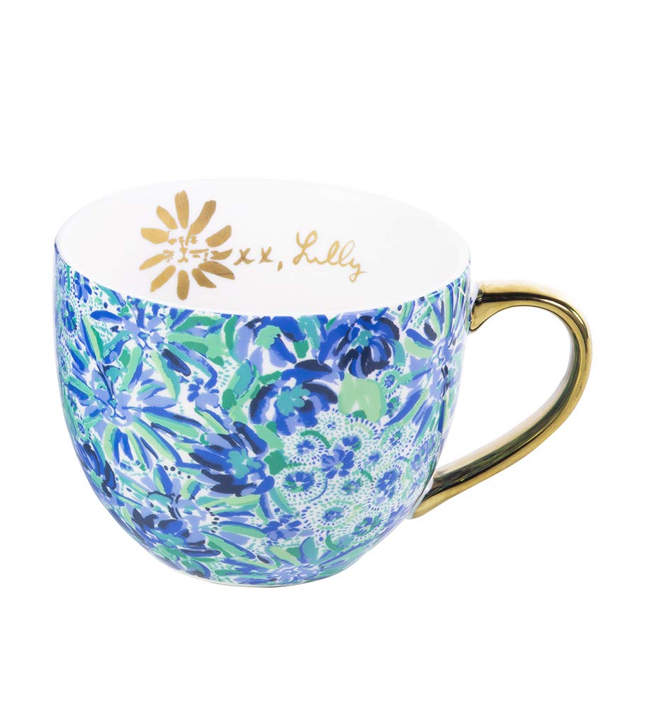 Lilly Pulitzer Blue Ceramic Coffee Mug, 12 Ounce, High Maintenance, Gold Handle, Gift Boxed