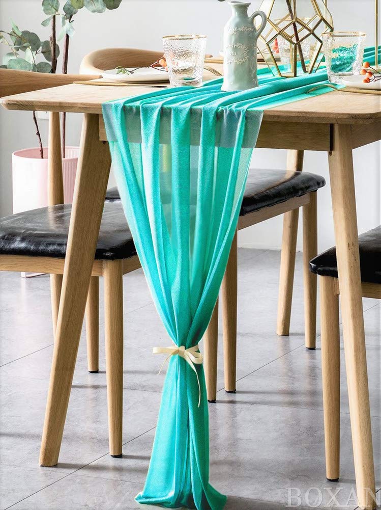 Boxan Gorgeous 10Ft Teal Sheer Table Runner 30X120 Inch For Rustic Wedding Decor, Bridal Shower, Baby Shower, Boho Summer Outdoo