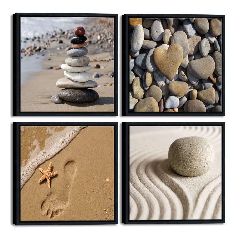 Wieco Art Framed Canvas Art Romantic Beach Theme 4 Panels Modern Artwork Sea Ocean Canvas Prints Contemporary Abstract Pictures