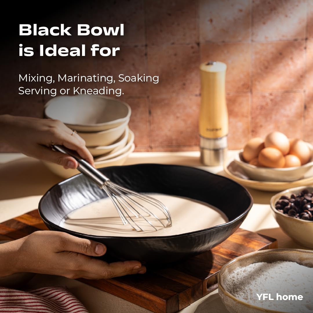 Yfl Home Black Bowl For Kitchen With 3-Litre Capacity, Food Safe 12 Ceramic Bowl For Table Countertop,Serving Bowl With Non-Slip