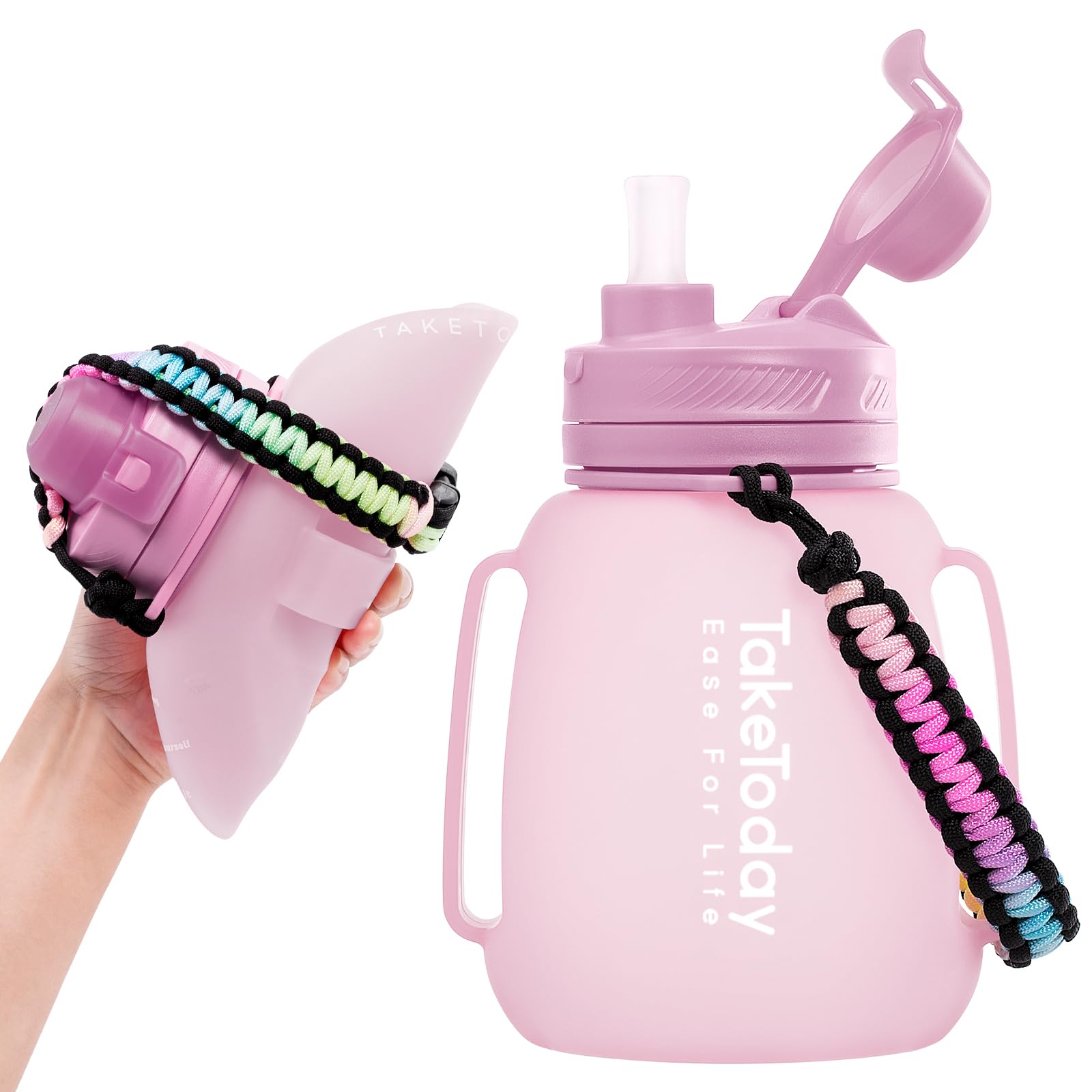 TakeToday 40 OZ Motivational Water Bottle with Straw and Paracord Handle 1.2L Silicone Sports Water Bottle with Time Marker(Purple)