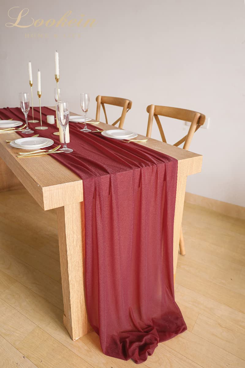 Lookein 10 Feet Burgundy Chiffon Table Runner Sheer Wedding Table Cloth 29X120 Inches Rustic Wedding Decorations French Chiffon