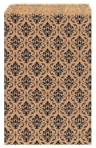 100 Pcs 6'' X 9'' Damask Paper Gift Bags Shopping Sales Tote Bags Brown With Black Damask Design