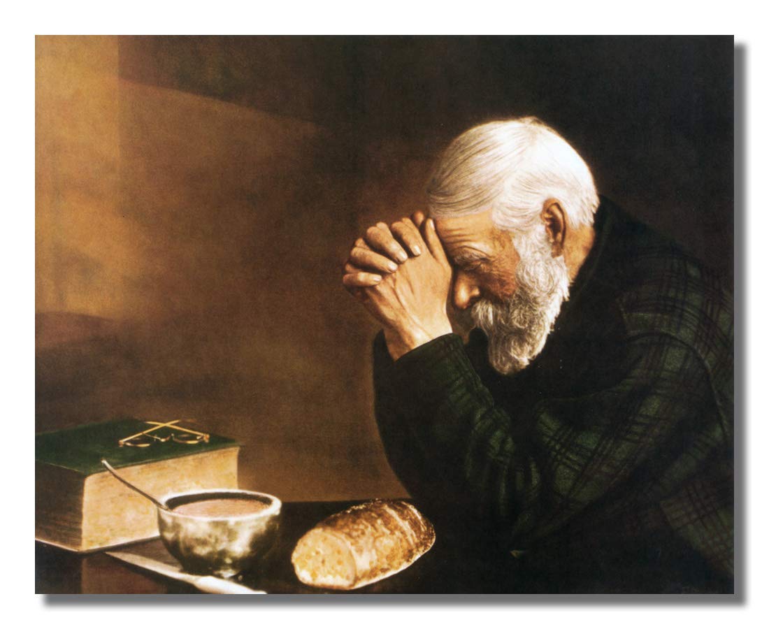 Daily Bread Man Praying Grace Thanksgiving At Dinner Table Grace Religious Art Print 8X10'' Black Frame + Glass Sentimental Gift