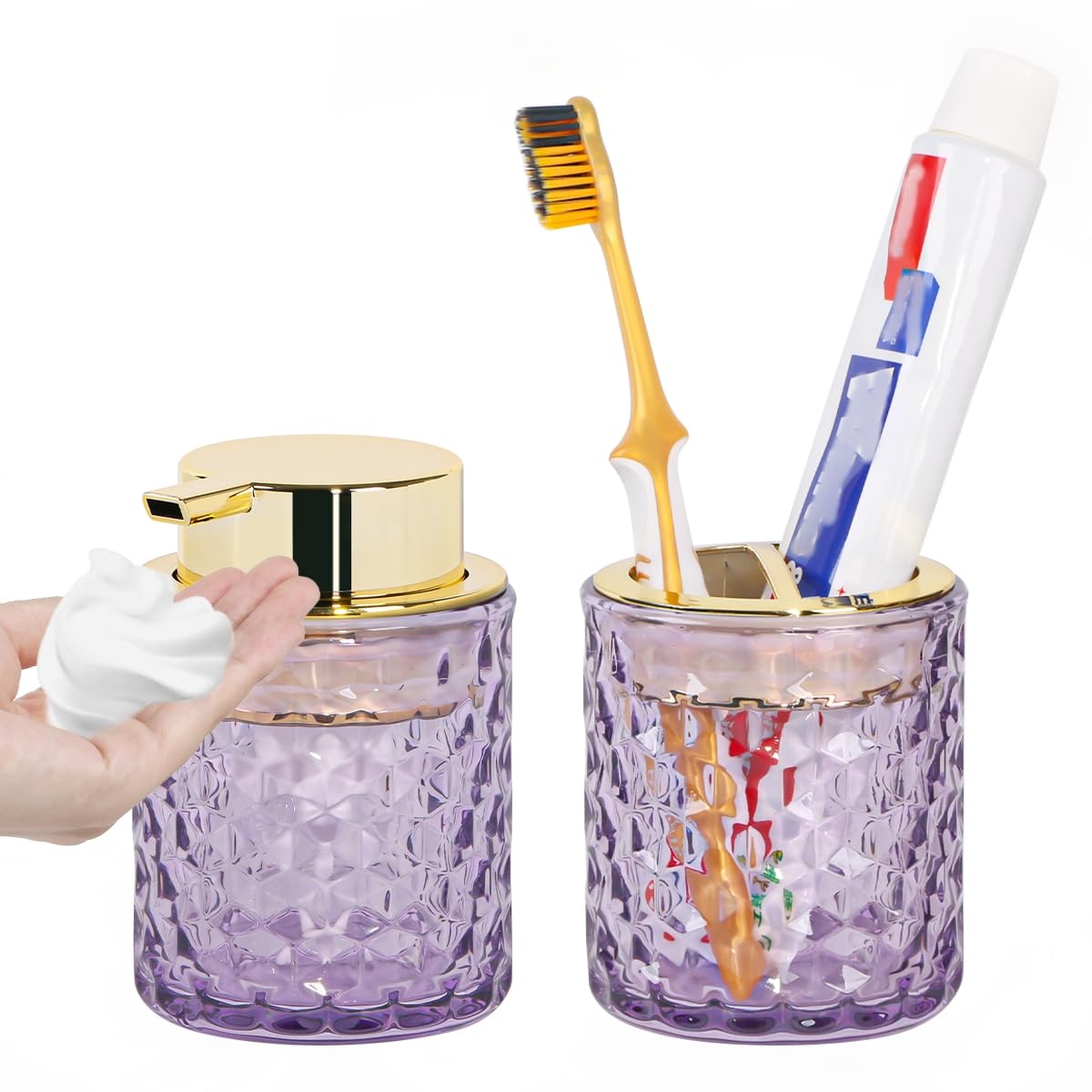 Fvstar Purple Bathroom Accessories Set, 2pcs Glass Bathroom Accessory Set with Foam Soap Dispenser and Toothbrush Holder, Gold F