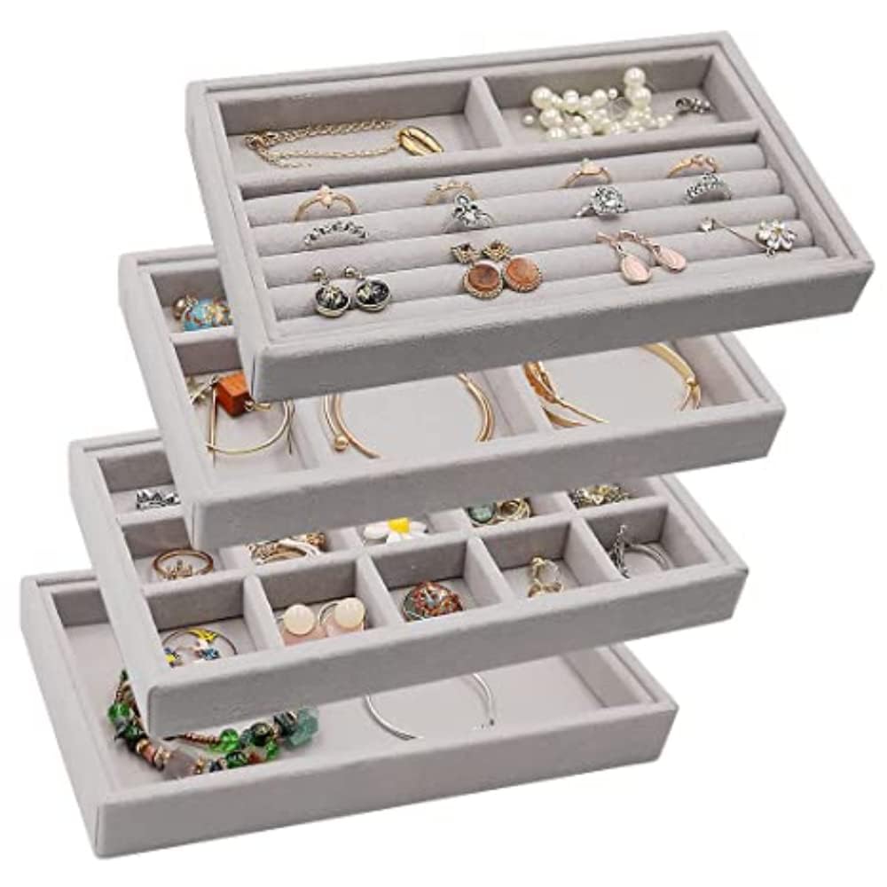Shaula Stackable Velvet Jewelry Trays Organizer, Jewelry Storage Display Trays For Drawer, Earring Necklace Bracelet Ring Organi