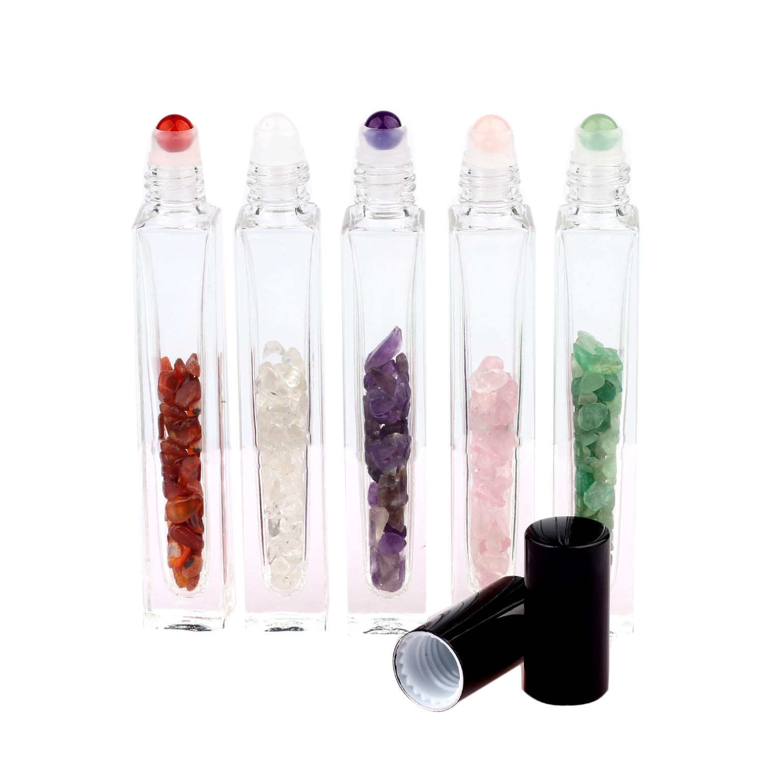 10Ml Gemstone Roller Square Bottles Refillable Roll On Bottles Healing Crystal Chips Inside For Perfumes Aromatherapy Oils 5Pack