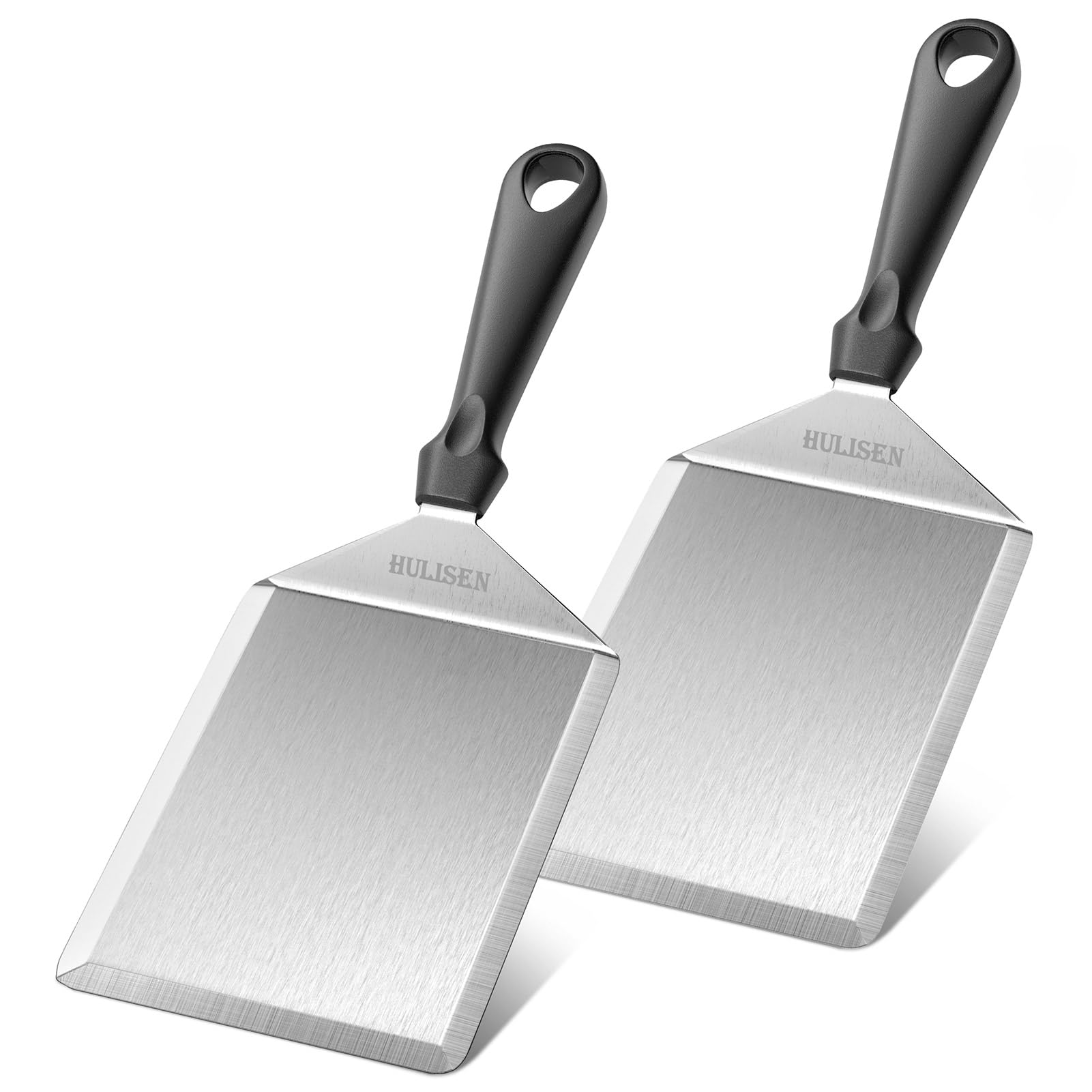 Hulisen Stainless Steel Spatula 2 Pcs, 6 X 5 Inch Large Metal Spatula With Cutting Edges, Griddle Spatula For Smashed Burger, Es