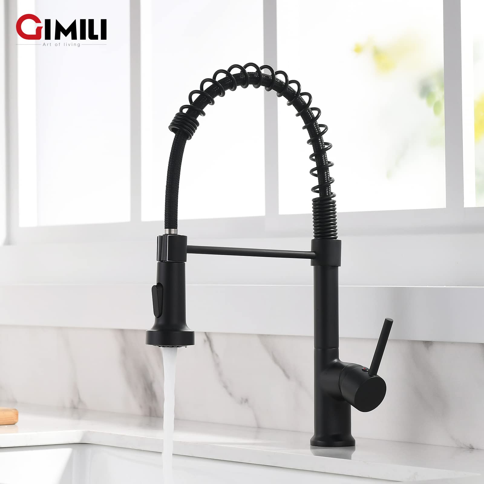 GIMILI Modern Kitchen Faucet with Pull Down Sprayer Commercial Single Handle Lever Spring Kitchen Sink Faucet Matte Black
