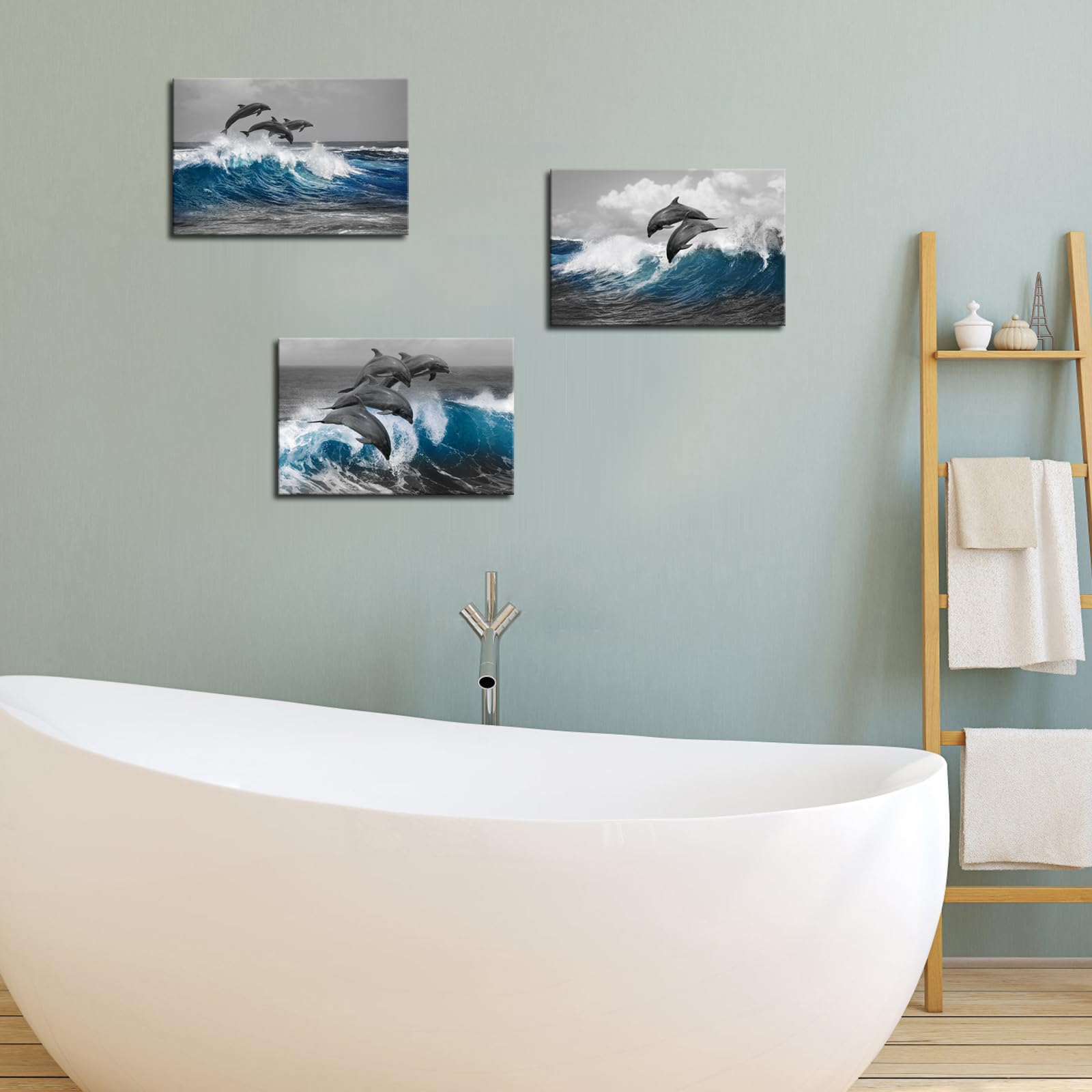 Biuteawal 3 Piece Dolphin Wall Art Grey Blue Ocean Sea Animal Picture Bathroom Decor Marine Painting Prints on Canvas Framed Home Child Bedroom Bathroom Wall Decoration Ready to Hang