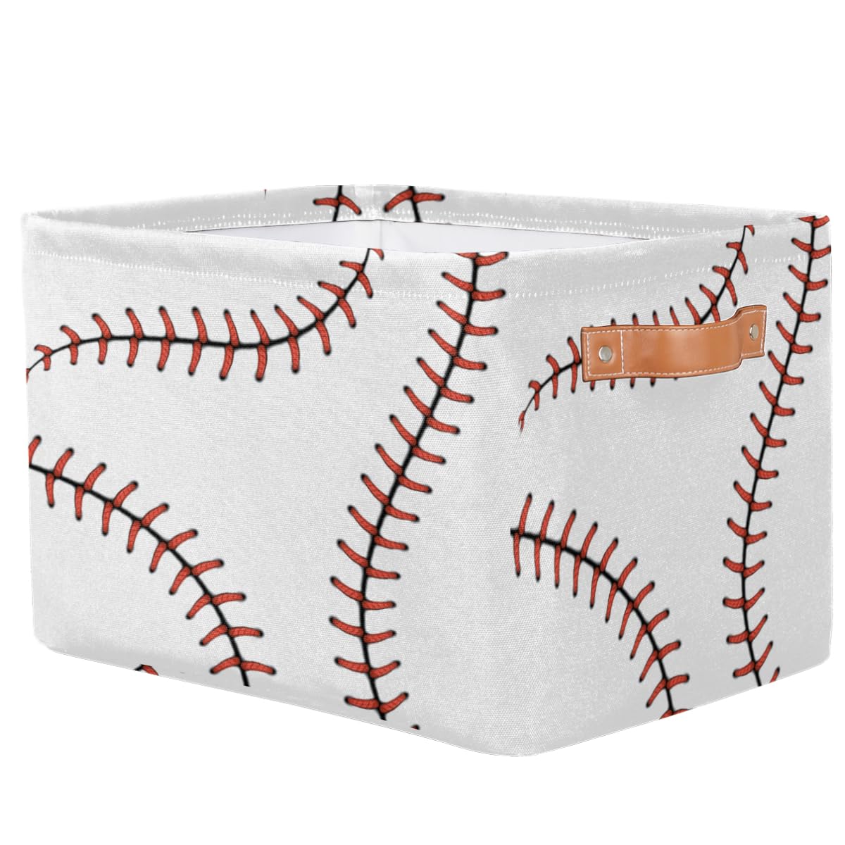 Baseball Storage Bin Basket, White Softball Large Toys Storage Cube Box With Handles, Collapsible Laundry Basket Rectangular Wat