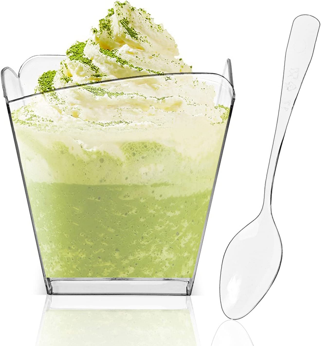 Plazotta 100 Pack 3.5 Oz Clear Plastic Dessert Cups With 100 Tasting Spoons, Square Parfait Appetizer Cups For Party, Weddings
