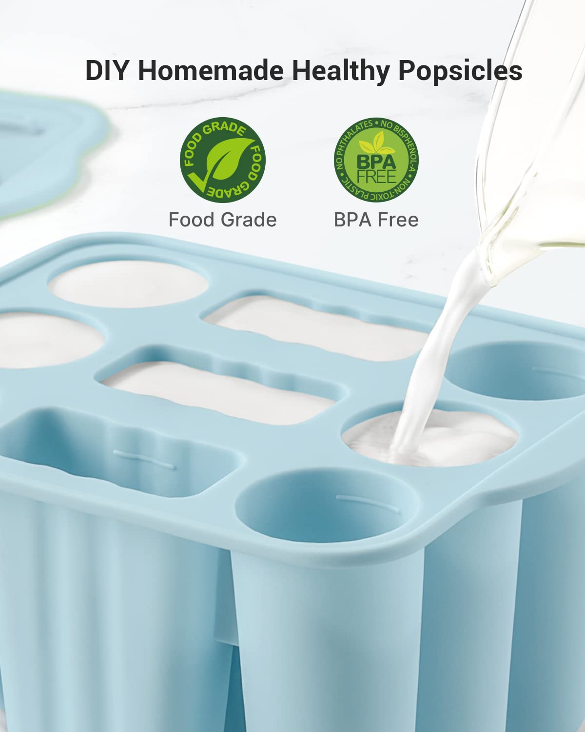MEETRUE Popsicle Molds Set, 9 Silicone BPA-Free Ice Pop Makers, Blue, Includes Sticks & Bags, Model BBMJ9BLUE-0426GM