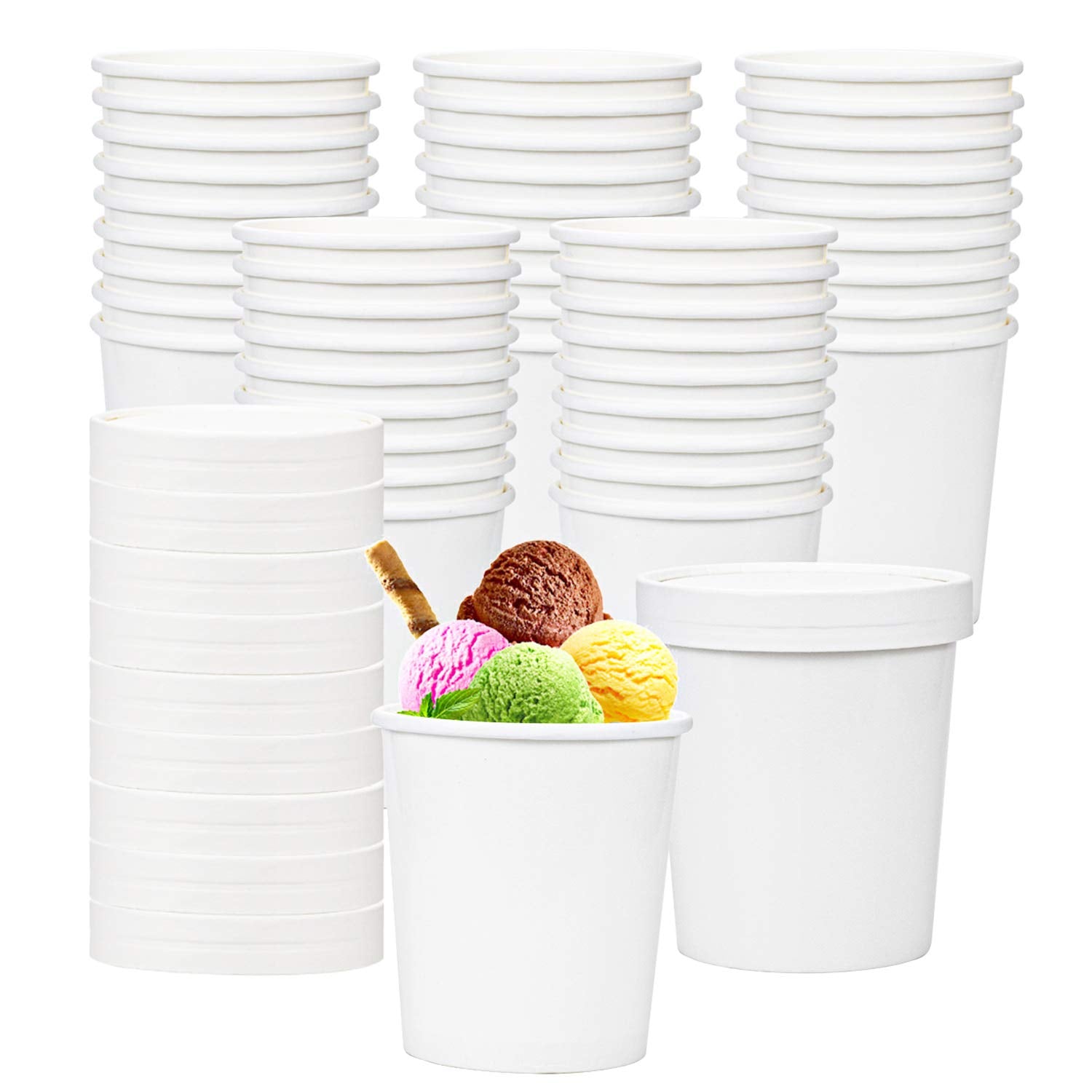 Hedume 60 Pack Paper Ice Cream Cups With 60 Pack Lids, 16 Oz Frozen Dessert Containers With Lids, Cold And Hot Food Container Fo