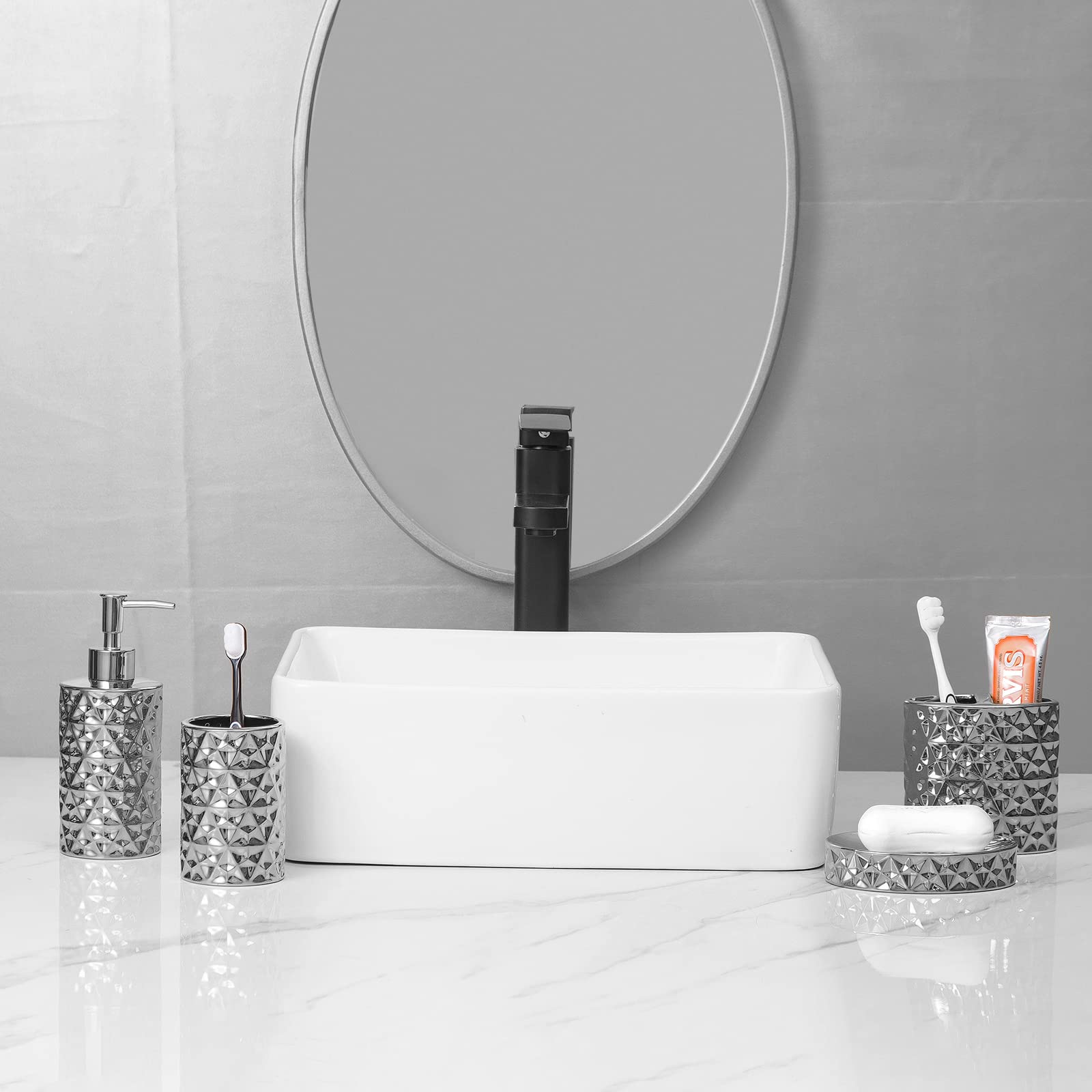Silver Bathroom Accessories Set, 4 Piece Ceramic Bath Accessory Sets Complete, Diamond Soap Dispenser And Silver Toothbrush Hold
