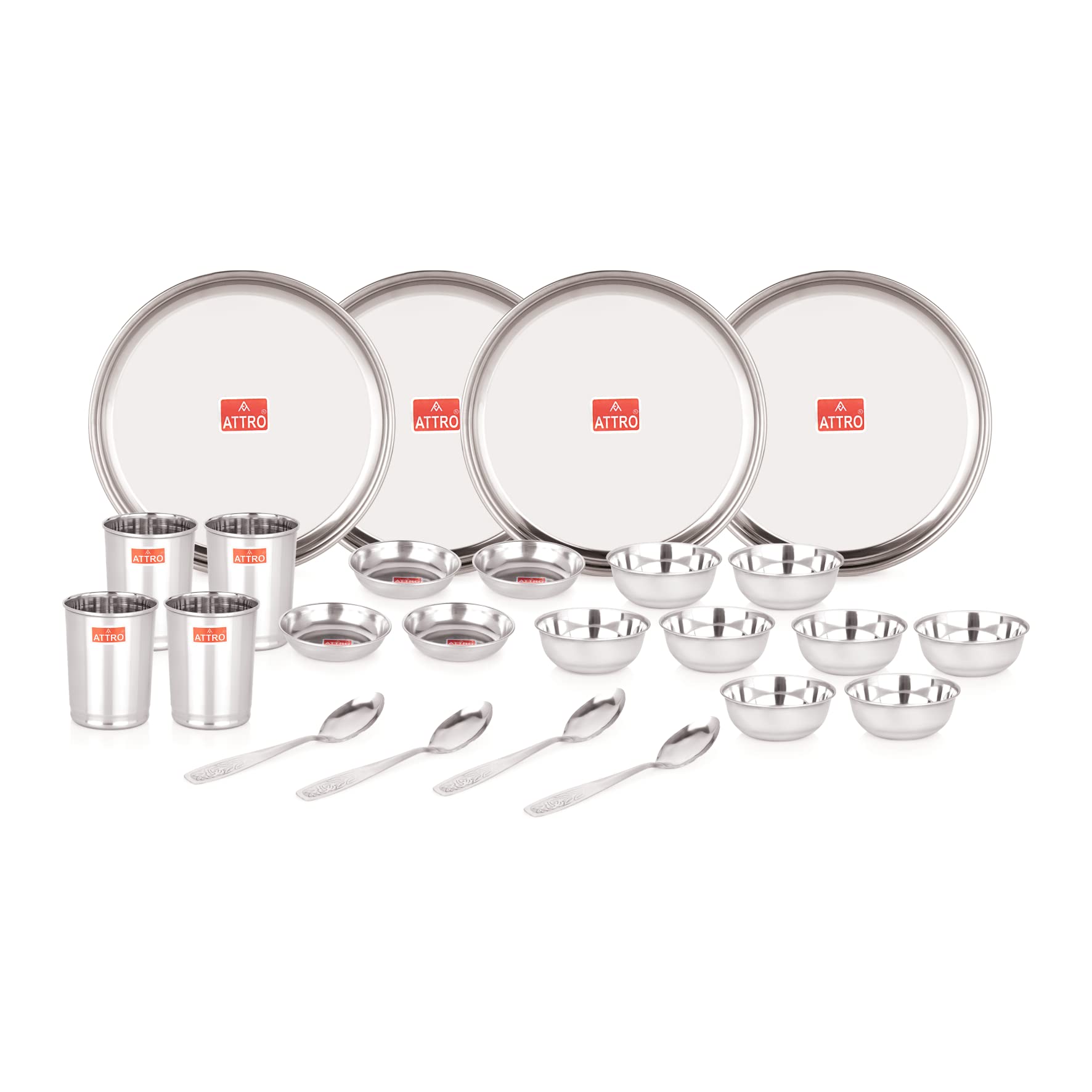 Attro 24 Pieces Smart Stainless Steel Dinnerware/Dinner Set - 4 Thali, 4 D.Plate, 8 Bowl, 4 Glass, 4 Spoon, Kitchen Set For Home