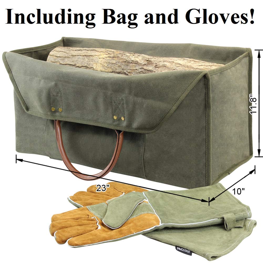 INNO STAGE Firewood Log Carrier Bag Waxed Canvas Tote Holder with Fireplace Pure Leather Gloves Set for Camping  BBQ Barbecue- Green Bag