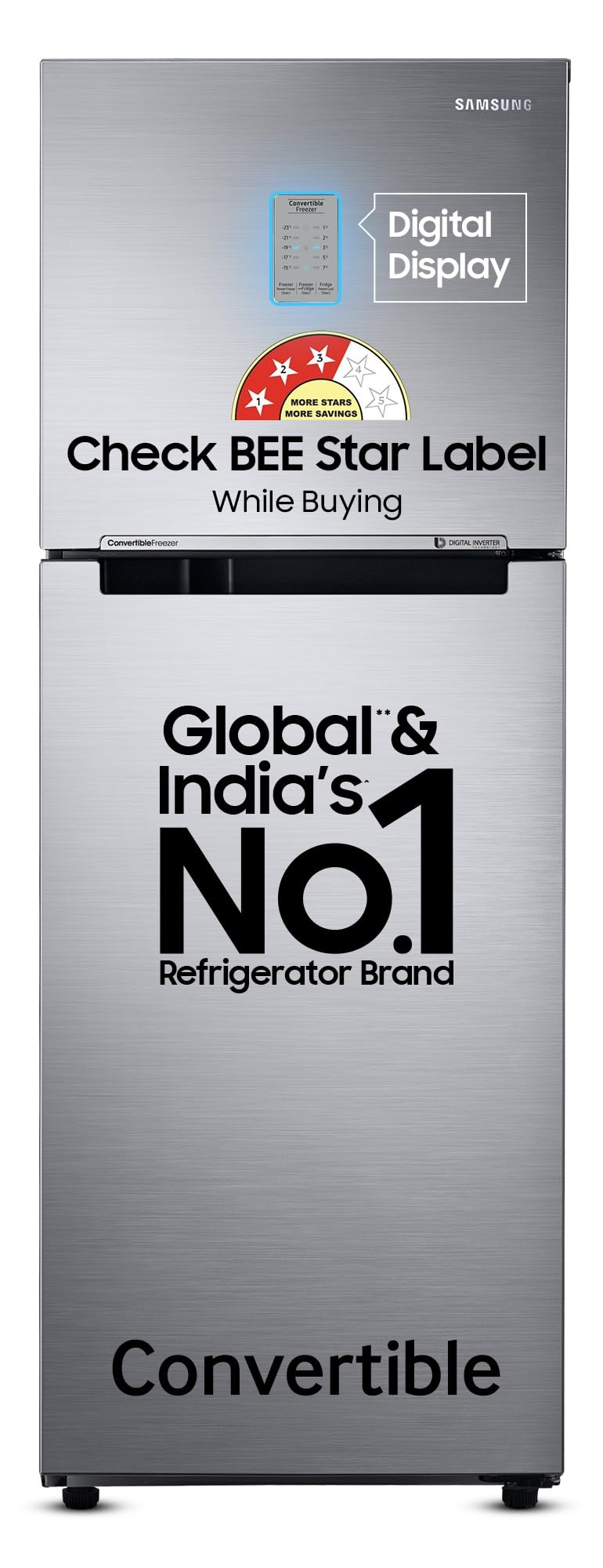 Samsung 236 L, 3 Star, Convertible, Digital Inverter With Display Frost Free Double Door Refrigerator (Rt28C3733S8/Hl, Silver, E