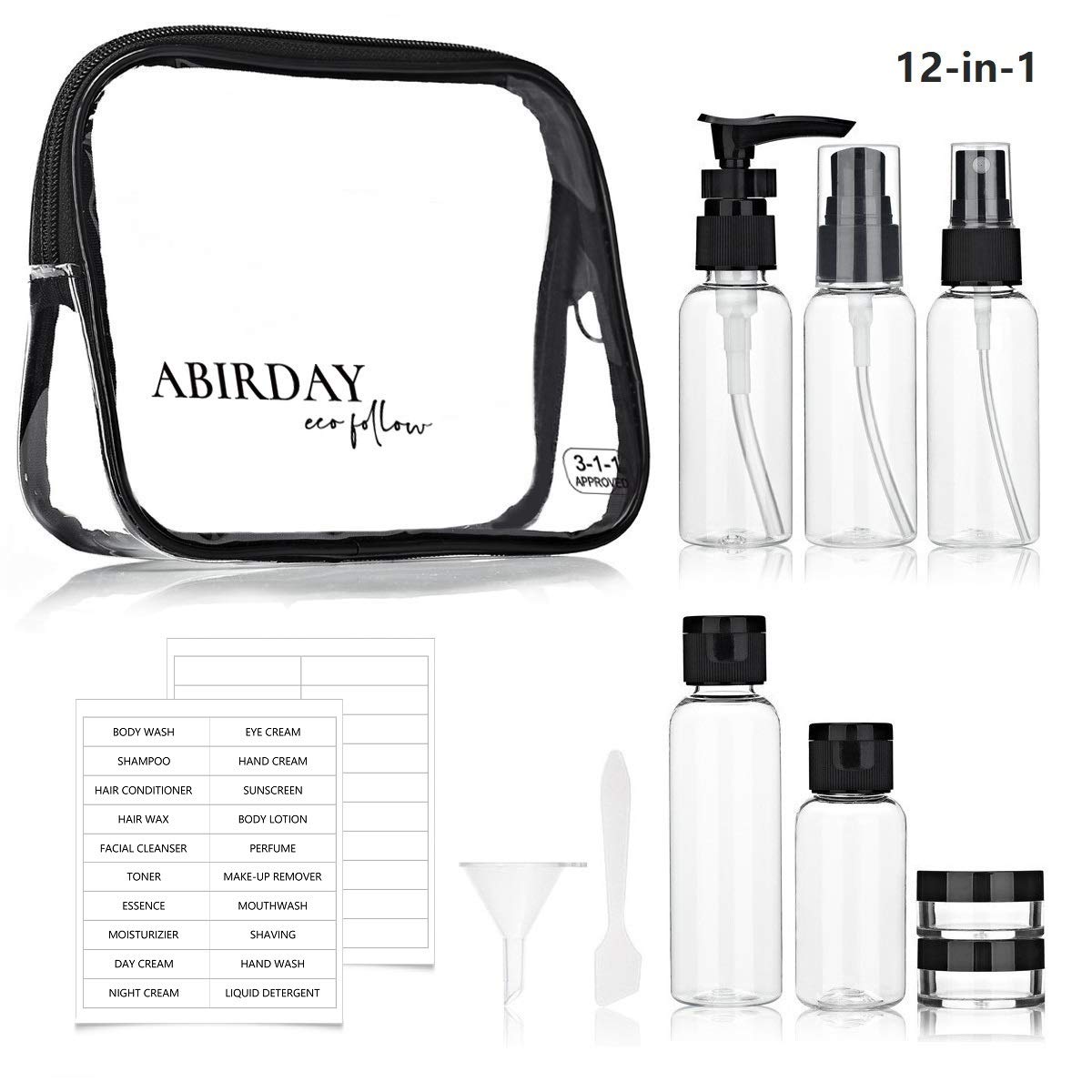 ABIRDAY Travel Bottles Containers & Travel Size Toiletries Accessories Bottles with Toiletry Bag for Liquids Leak-Proof & TSA Approved Carry-on for Airplane - Women/Men (SET-A 12-in-1)