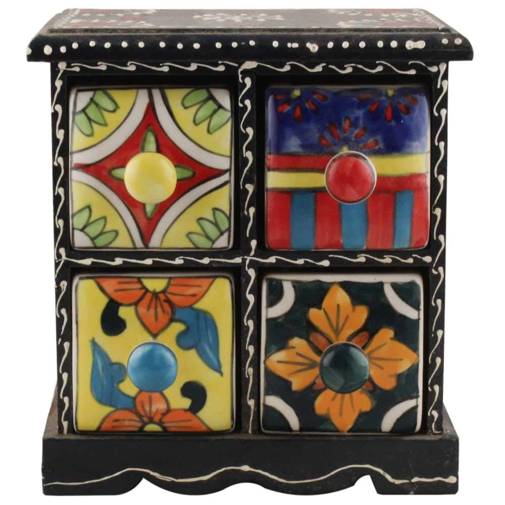 Indianshelf Handmade Wooden And Ceramic Multicolor Jewellery Rack Spice Organizer Seasoning Masala Box Container Dabba(Four Darw