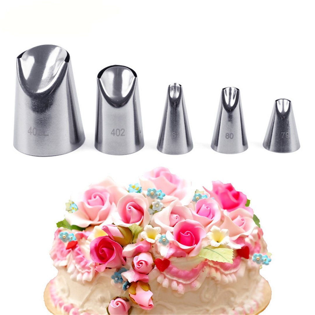 Fantasyday 5 Piece Stainless Steel Rose Flower Piping Tips Piping Nozzles Cake Decorating Supplies Cookies Cupcake Icing Decorat