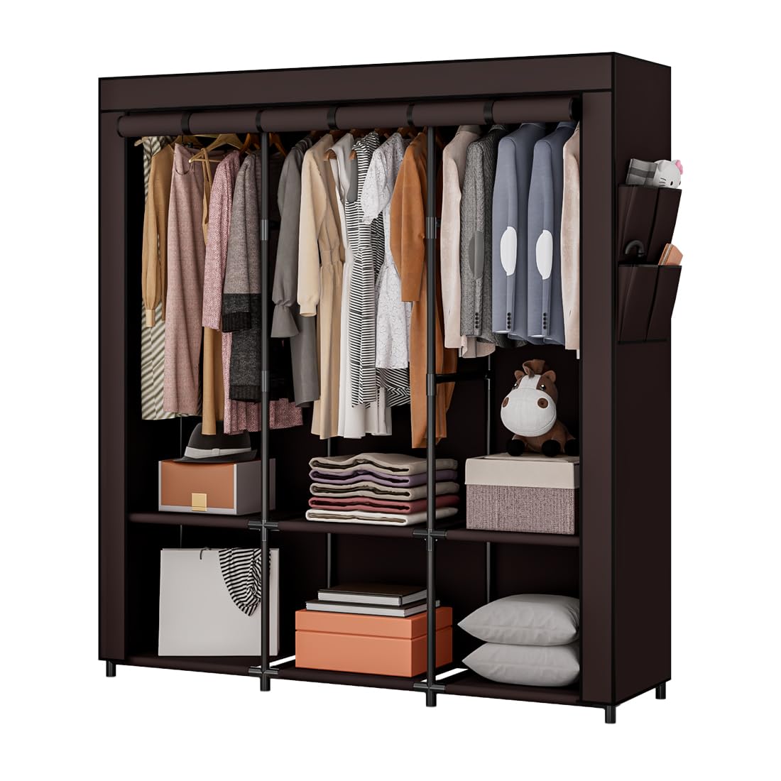 Sorcedas Portable Closet Wardrobe Storage Organizer Metal Hanging Rack Non-Woven Fabric 50 Inch (Coffee)