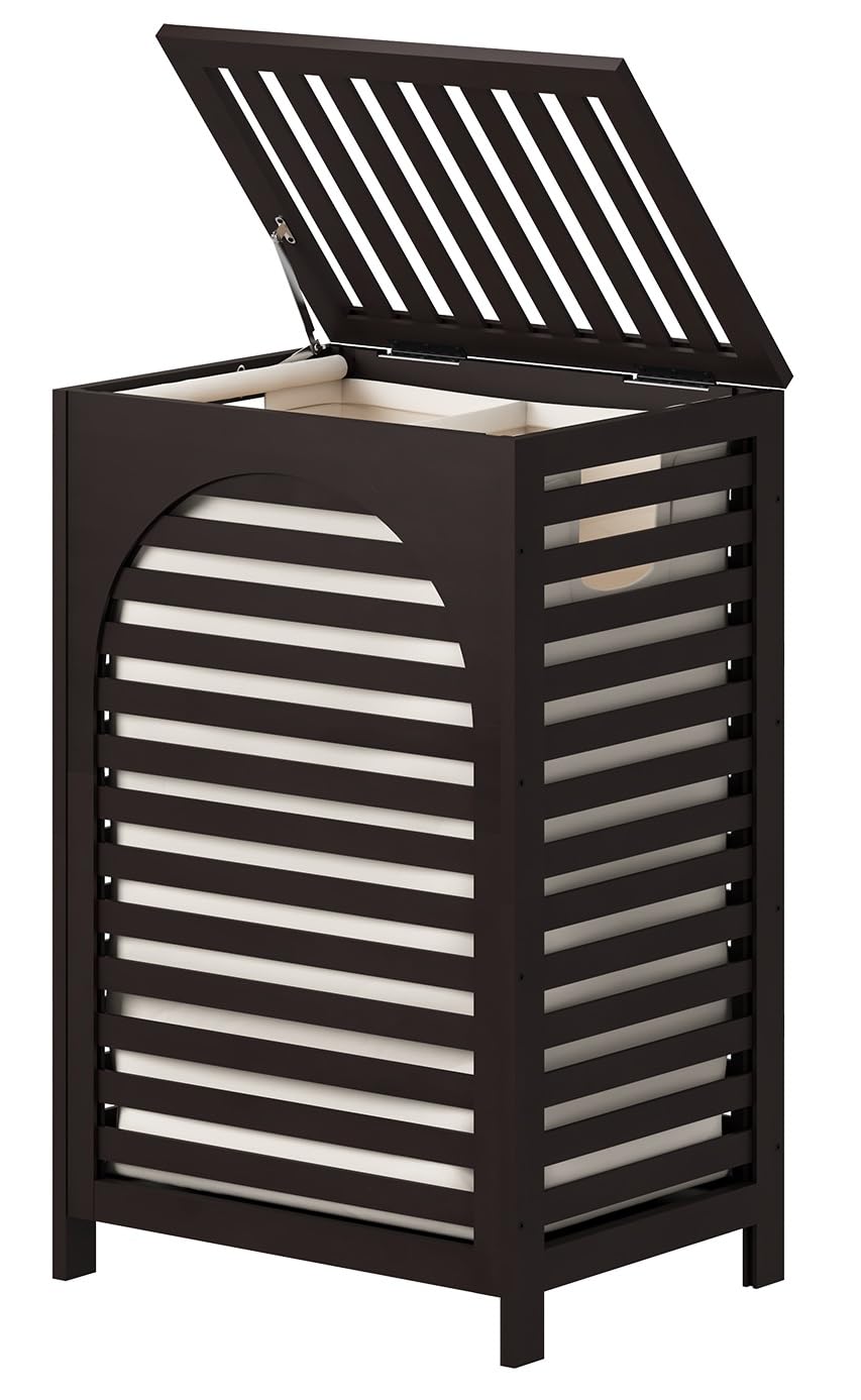 Laundry Hamper With Lid, 22.5 Gallon (85L) Bamboo Wood Clothes Laundry Basket With Lid And Handles, Removable Liner (Brown)
