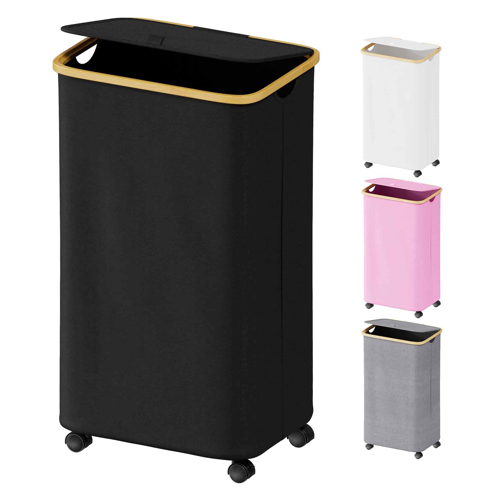 Suoco Laundry Hamper On Wheels 100L, Clothes Basket With Lid And Bamboo Handles, Foldable Laundry Hamper For Bedroom, Bathroom,