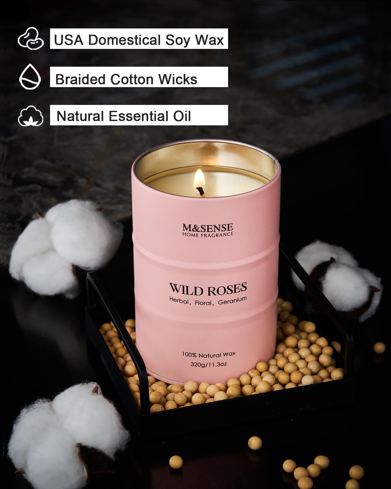 M&SENSE Wild Rose Natural Scented Candle, 70 Hours Long Lasting Soy Candles 11.3oz, Stress Relief Aromatherapy Candles for Women