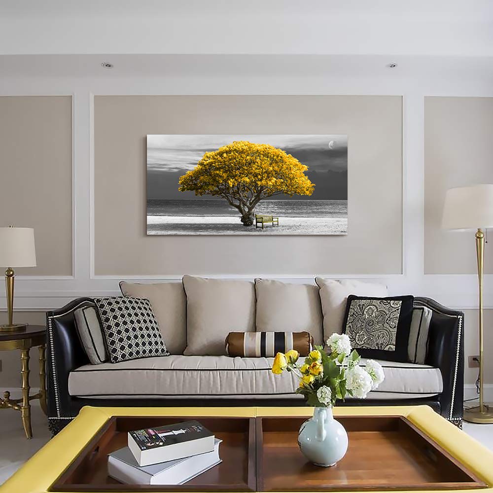 Wall Art For Living Room Decorations Photo Prints - Panoramic Black And White With Yellow Trees The Moon Scenery - Modern Home D