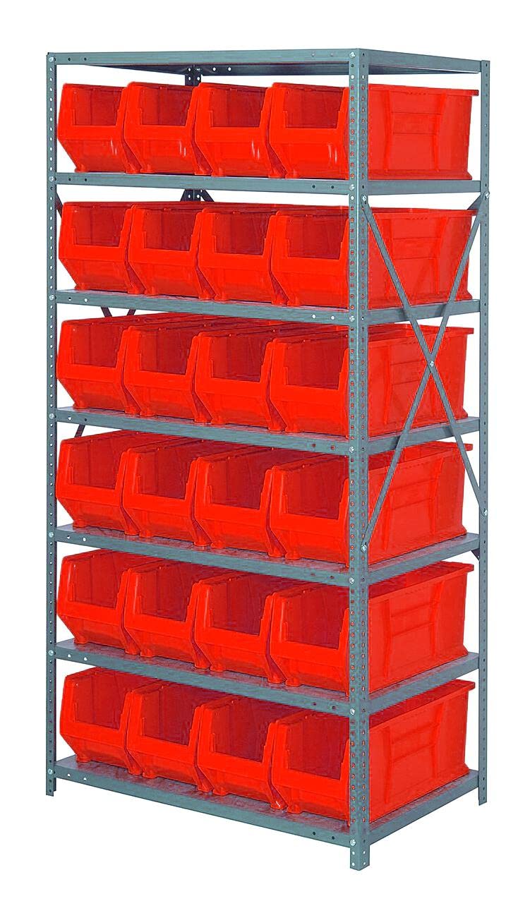Quantum 2475-951Rd Shelving Unit, 24D X 36L X 75H, Carbon Steel, Galvanized With Red Bins