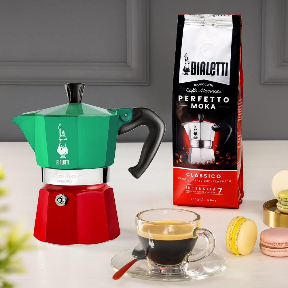 Bialetti - Moka Express Italia collection: Iconic Stovetop Espresso Maker  Makes Real Italian coffee  Moka Pot 3 cups (43 Oz - 130 Ml)  Aluminium  colored in Red green Silver
