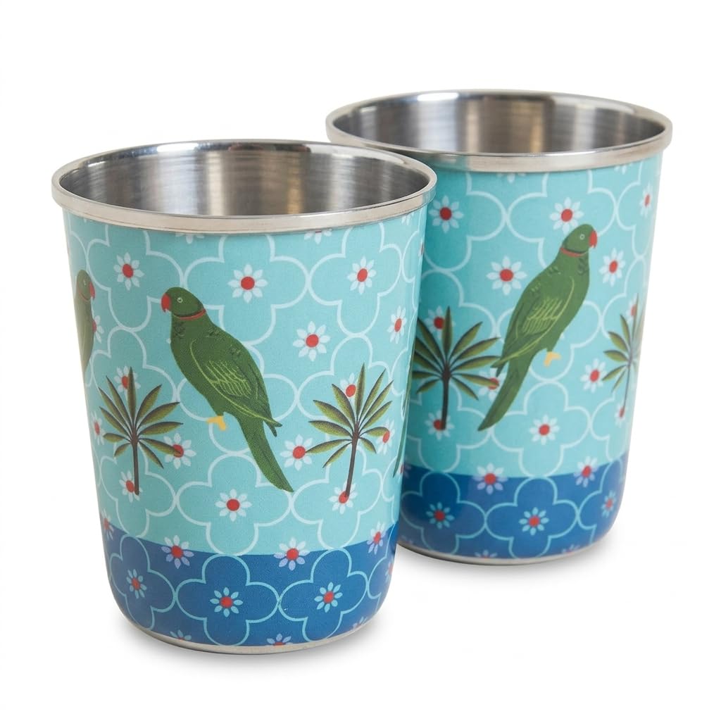 Chumbak Chettinad Stainless Steel Tumblers, Set of 2 (220 ml Each), Traditional Steel Glasses for Tea, Coffee, Juice & Water, Du