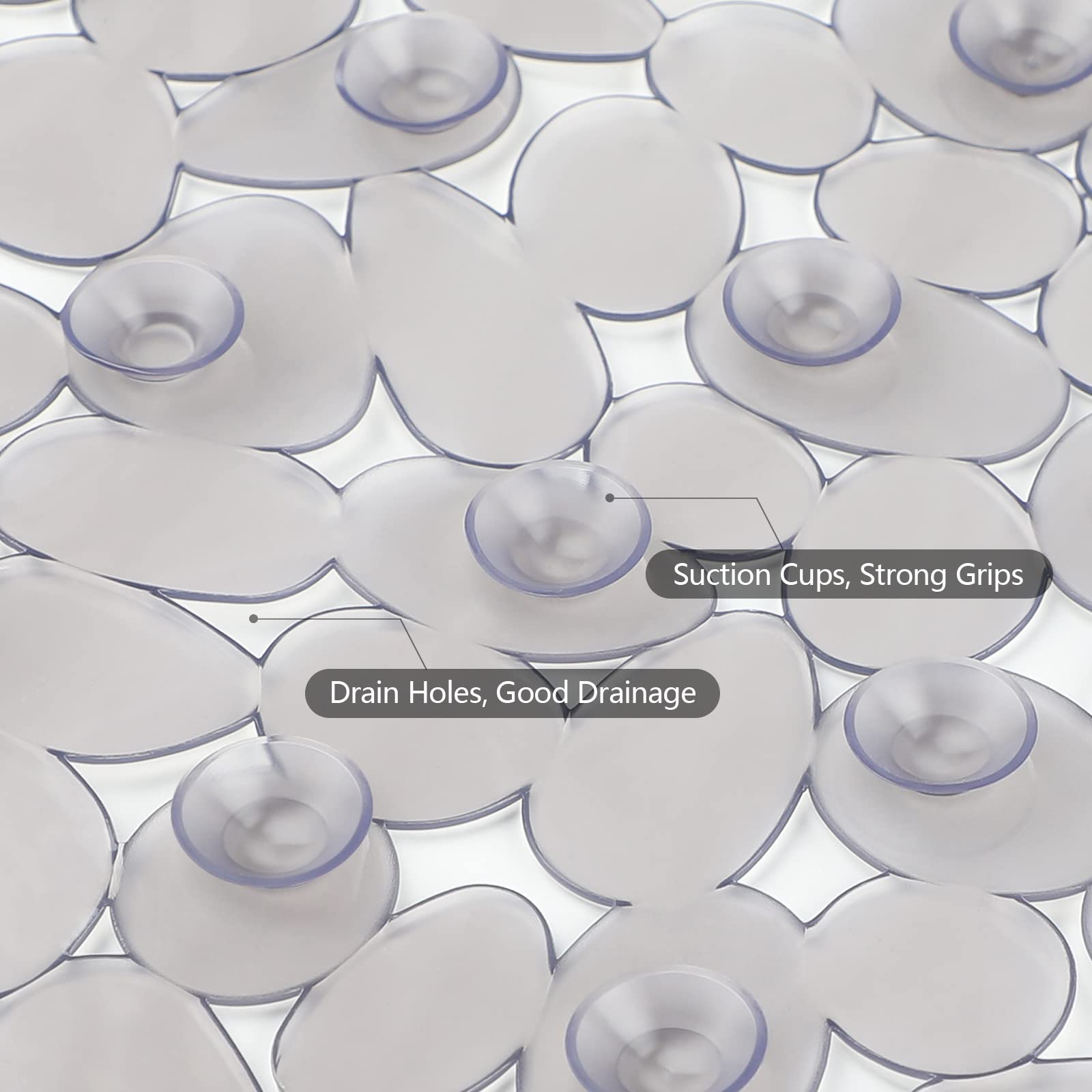 WELTRXE Non Slip Bathtub Mat 35 x 16 Inches Pebbles Shower Mats with Suction Cups  Drain Holes for Bathroom Showers  Tub  Machine Washable Bathroom Mats BPA  Latex Free Safe Tub Mats - Clear Gray