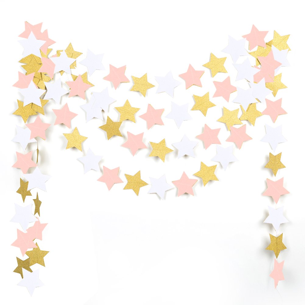Mowo Paper Garland Twinkle Star Pink Gold Glitter And White 3'' Circle Decoration 2Pc 20 Feet In Total