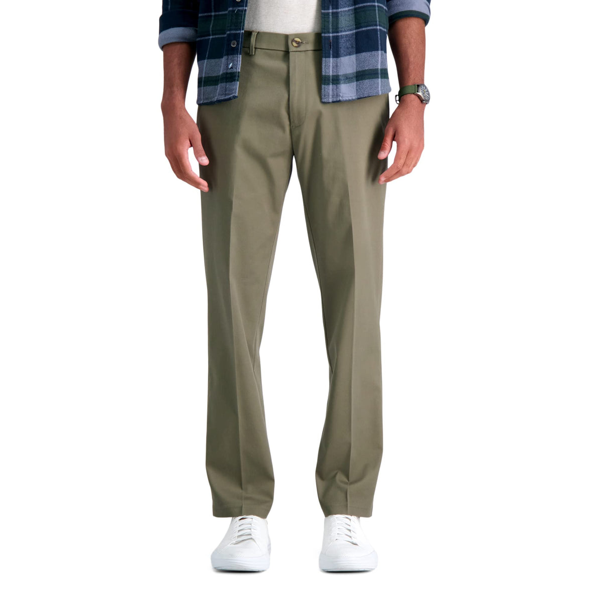 Haggar Mens Iron Free Premium Khaki Straight Fit Flat Front Flex Waist Casual Pant, Toast, 34X34