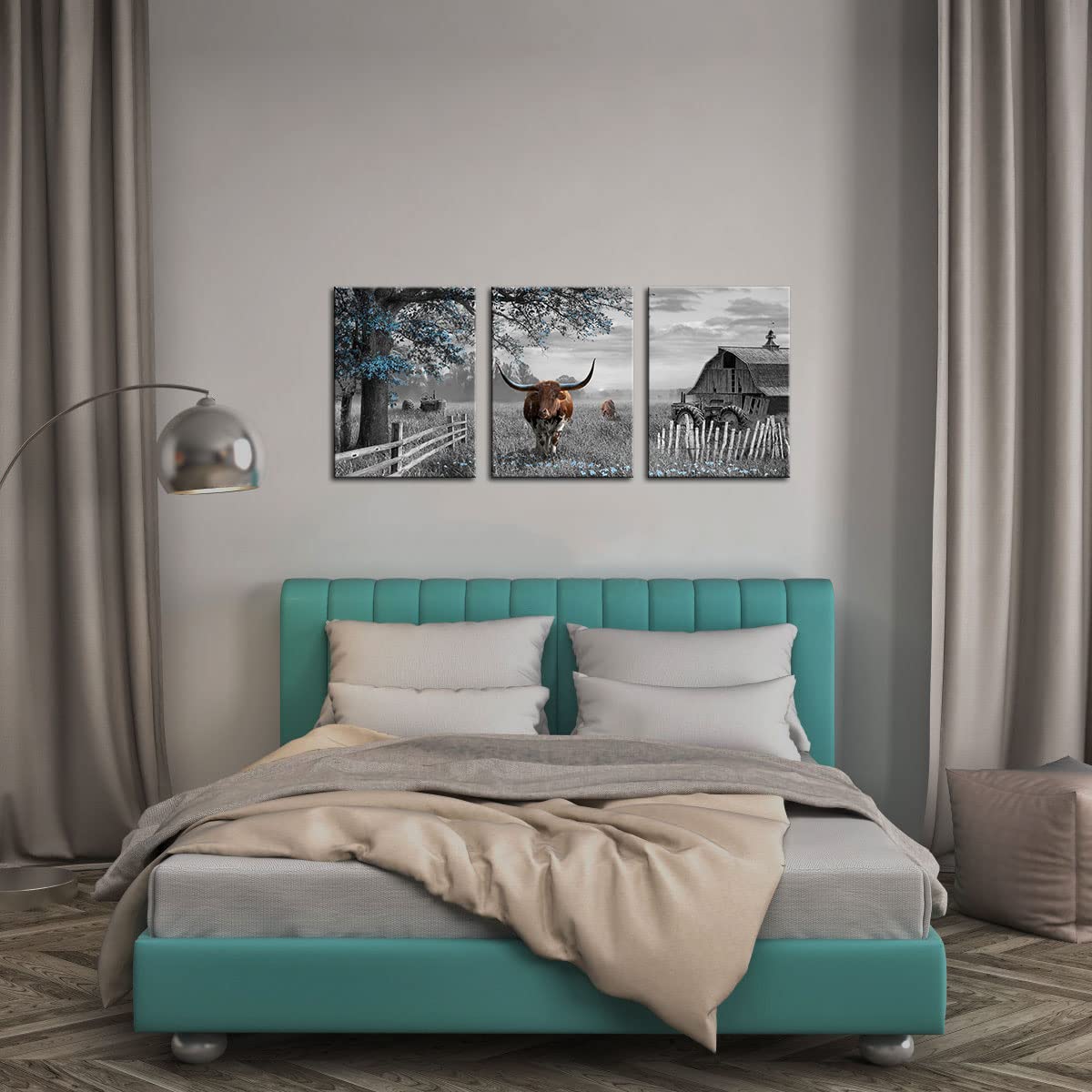 Yiijeah Western Wall Decor - Rustic Blue Tree Brown Cow 3 Piece Wall Art - Farmhouse Black And White Picture Canvas Artwork For